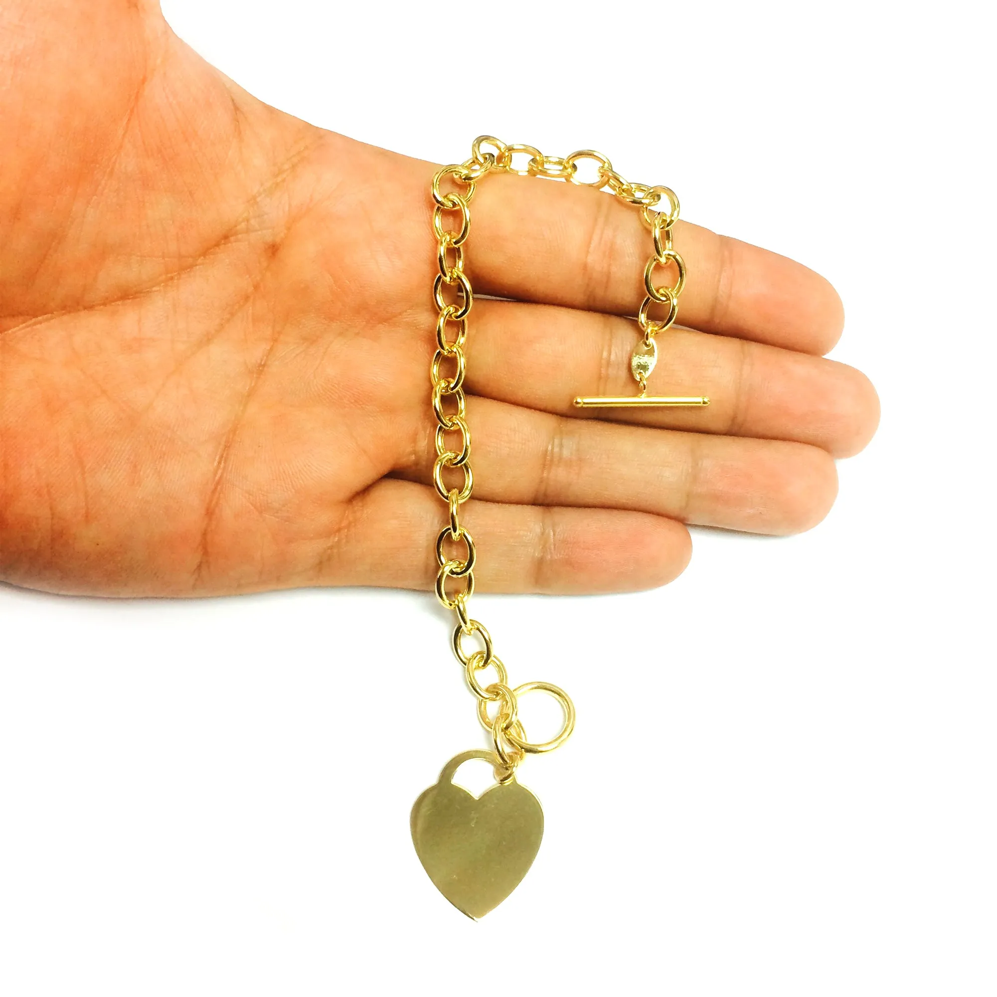 14k Yellow Gold Chain Link Heart Bracelet, 7.50