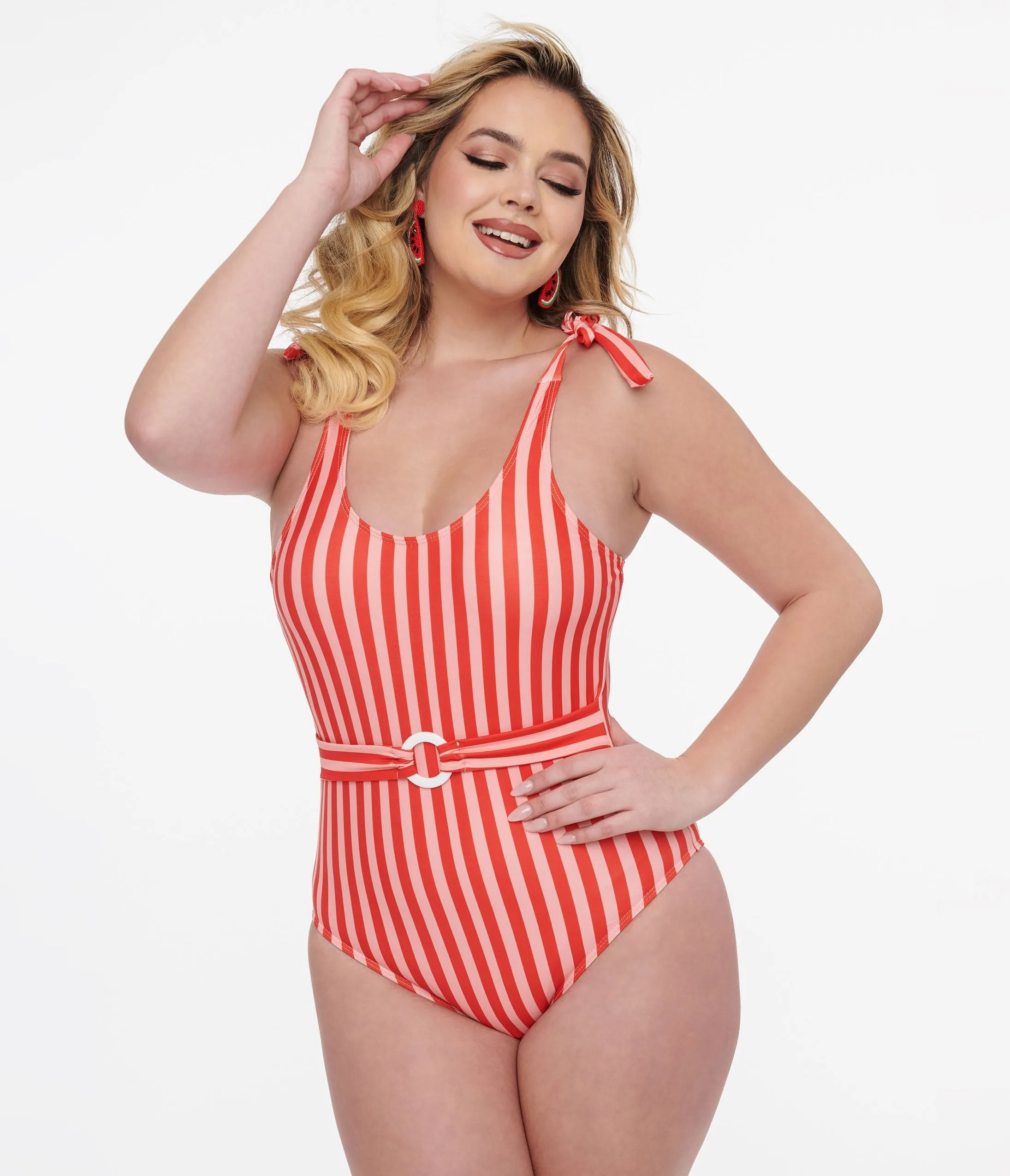 1950s Red Striped Belted One Piece Swimsuit