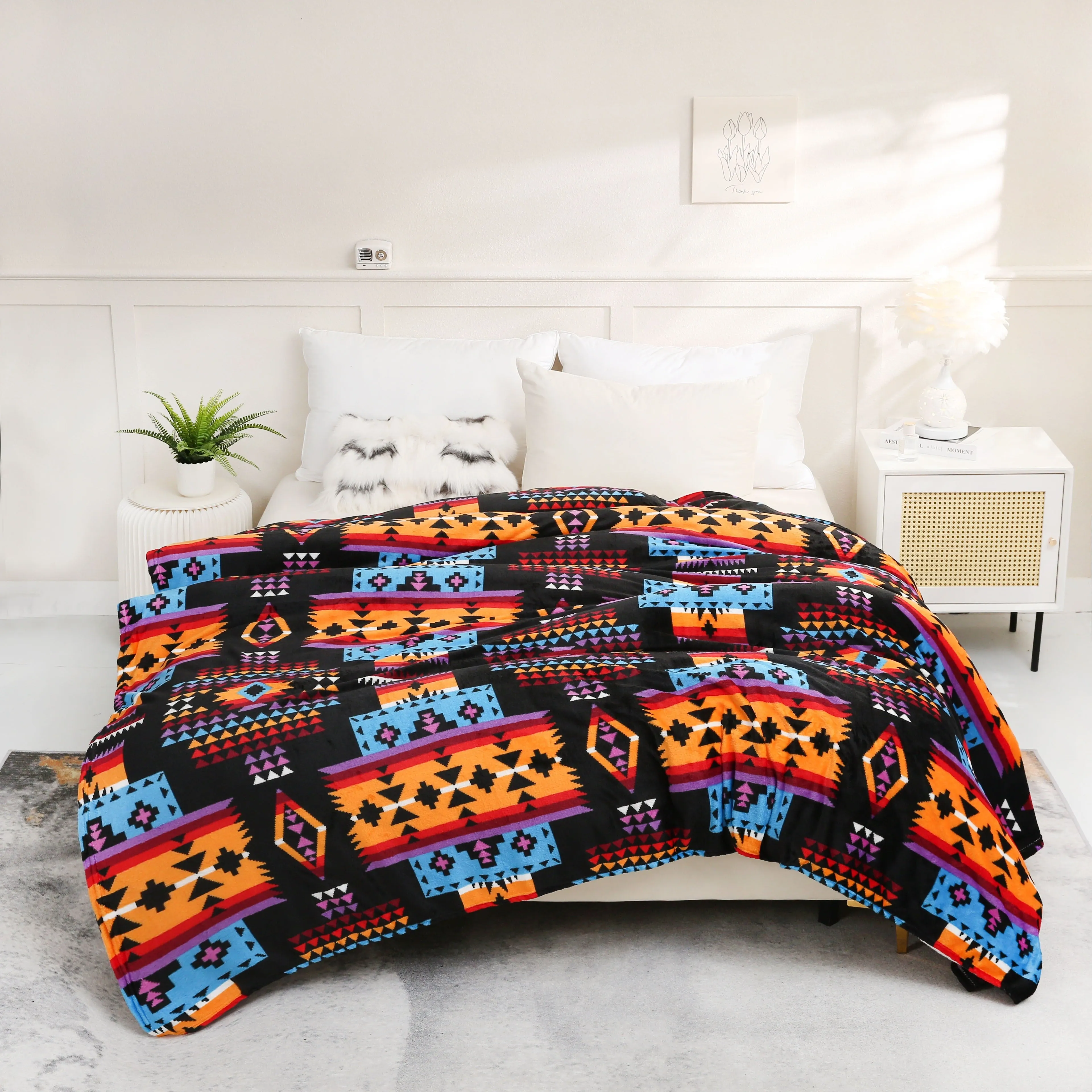 1pc 200GSM Flannel Printed Blanket Autumn And Winter Southwestern  Geometric Soft And Warm Nap Office Cover