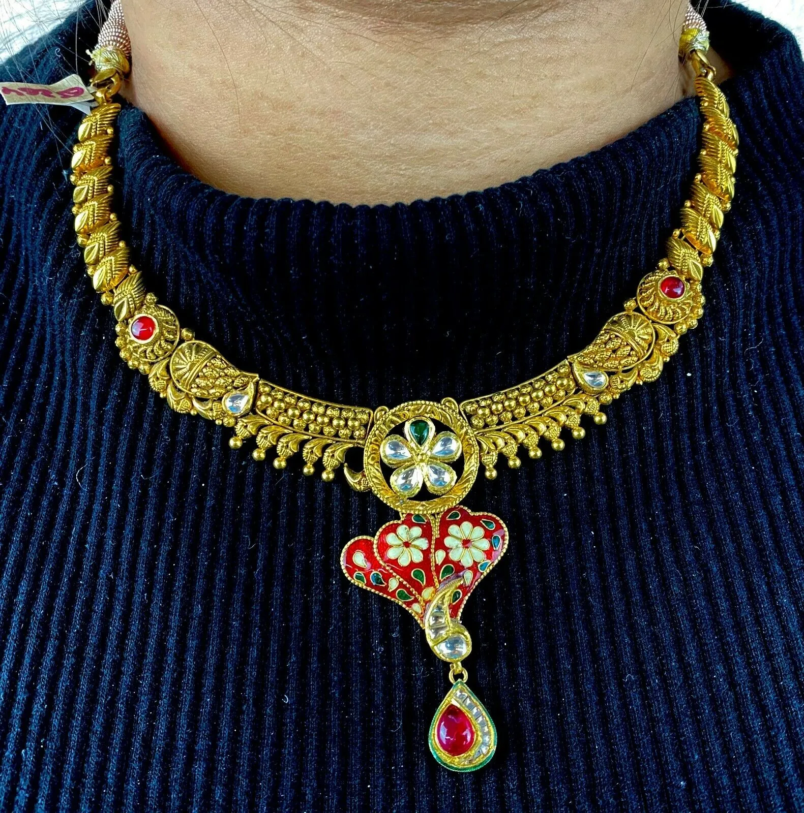 22k Necklace Set Beautiful Solid Gold Ladies Navratan With Enamel CS264