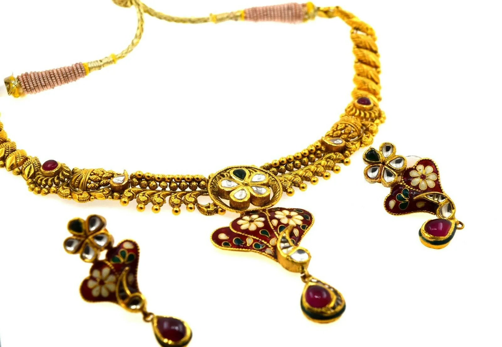 22k Necklace Set Beautiful Solid Gold Ladies Navratan With Enamel CS264