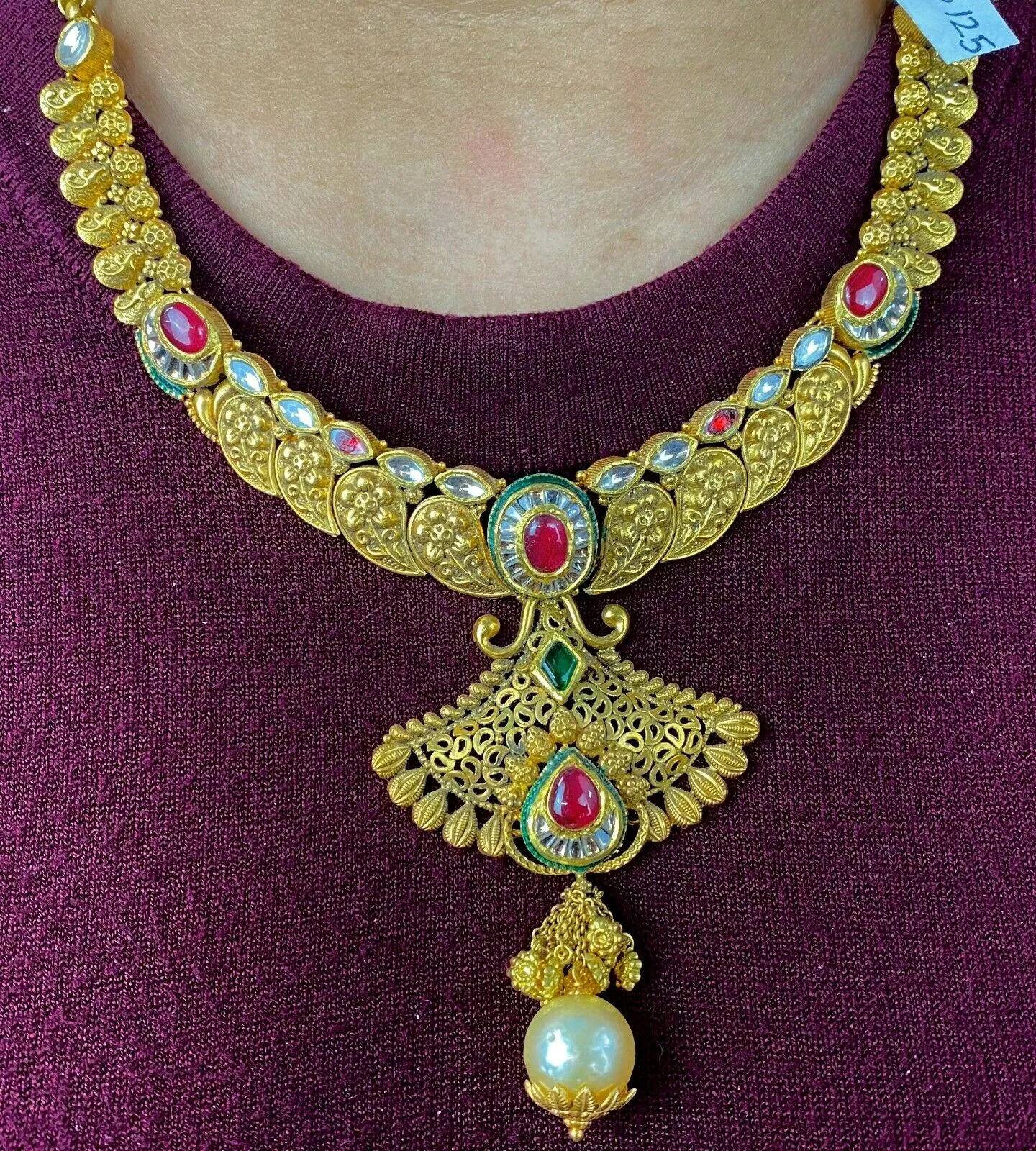 22k Necklace Set Beautiful Solid Gold Ladies Navratan With Enamel LS125