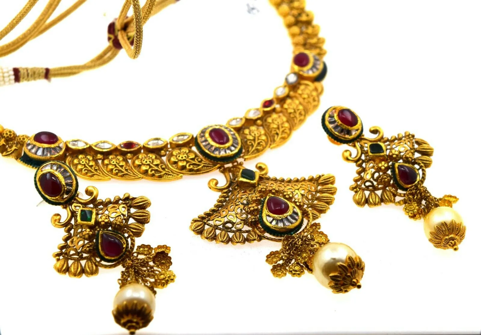 22k Necklace Set Beautiful Solid Gold Ladies Navratan With Enamel LS125