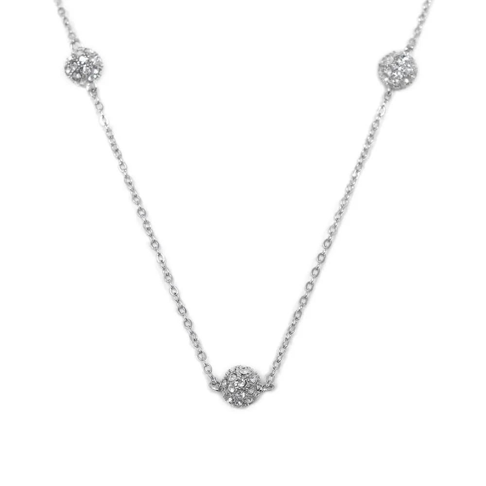 36 Inch CZ Pave Ball Necklace Rhodium Plated