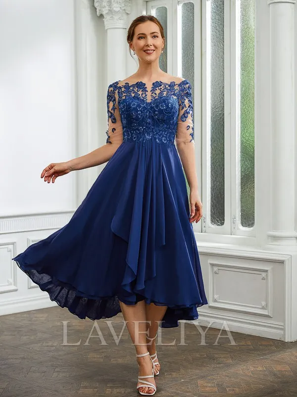 A-line Bateau 1/2 Sleeves Ruffles Tea-Length Chiffon Mother of the Bride Dress  #XM230239