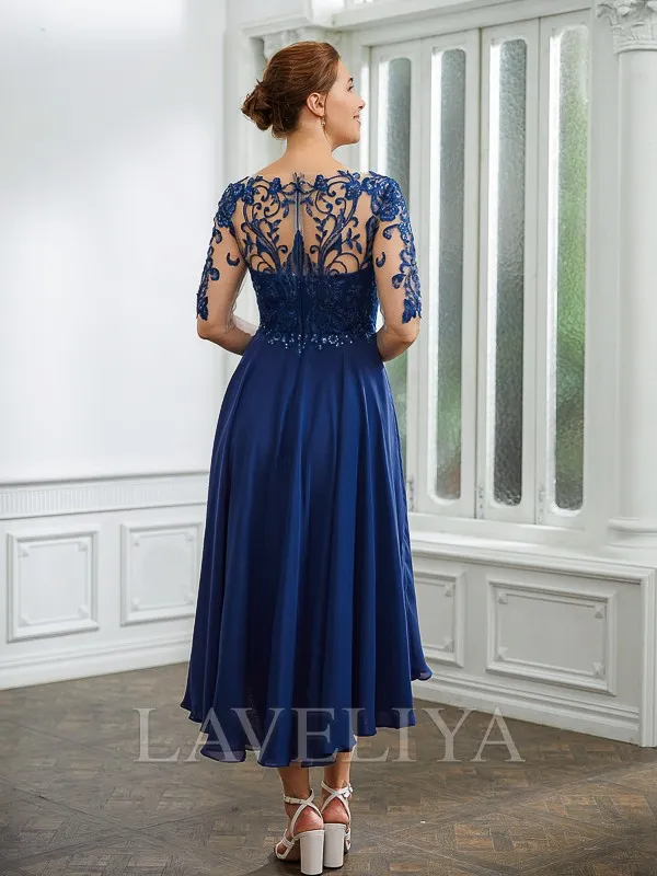 A-line Bateau 1/2 Sleeves Ruffles Tea-Length Chiffon Mother of the Bride Dress  #XM230239