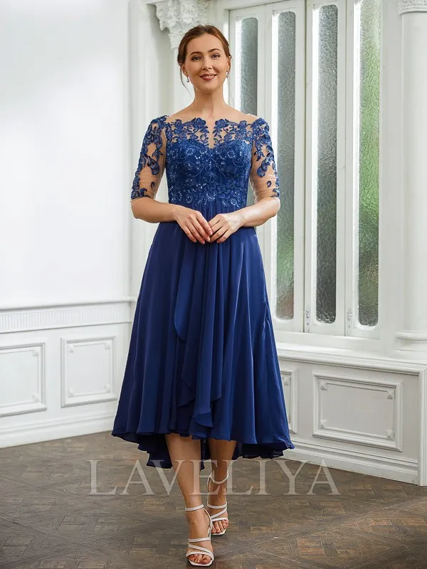 A-line Bateau 1/2 Sleeves Ruffles Tea-Length Chiffon Mother of the Bride Dress  #XM230239