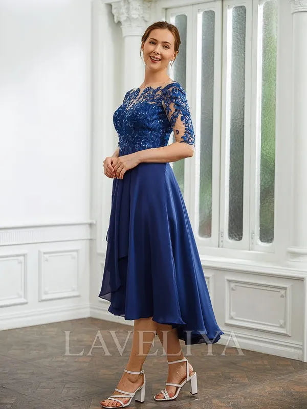 A-line Bateau 1/2 Sleeves Ruffles Tea-Length Chiffon Mother of the Bride Dress  #XM230239