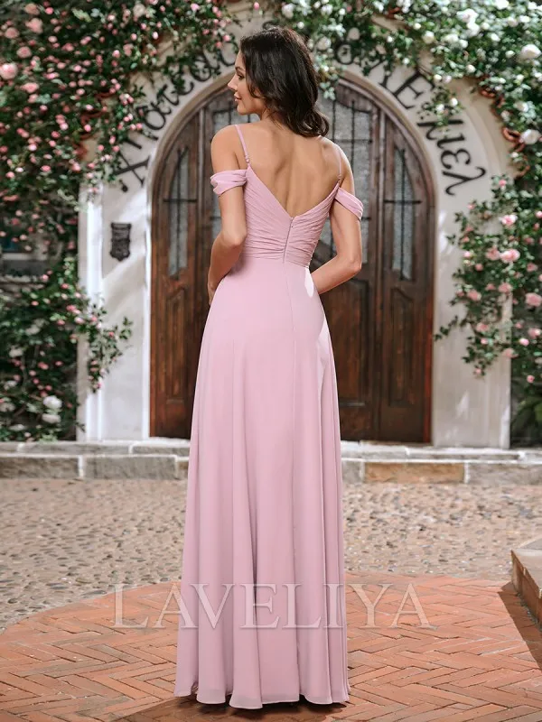 A-line Cold Shoulder Pleated Floor-Length Chiffon Bridesmaid Dress  #ZB240017