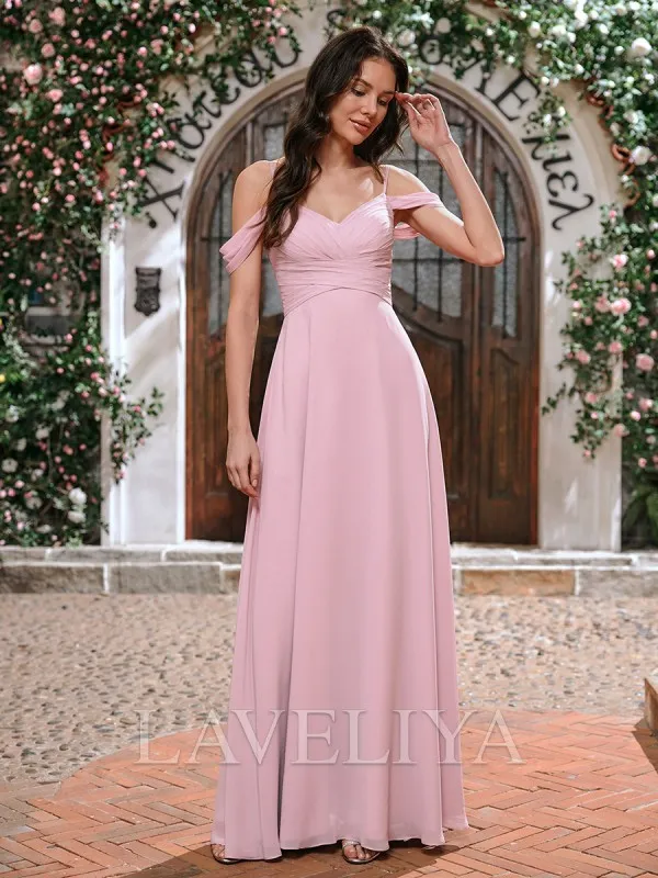 A-line Cold Shoulder Pleated Floor-Length Chiffon Bridesmaid Dress  #ZB240017