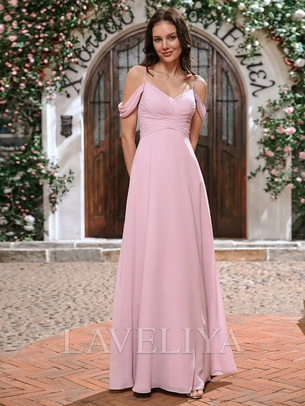 A-line Cold Shoulder Pleated Floor-Length Chiffon Bridesmaid Dress  #ZB240017