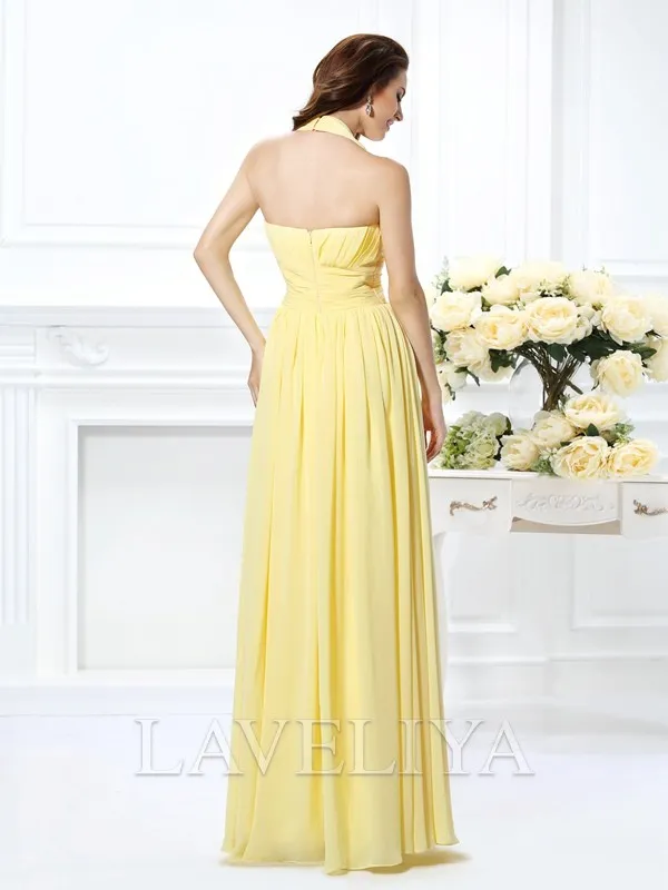 A-line Halter Pleated Floor-Length Chiffon Bridesmaid Dress  #ZB230019