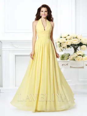 A-line Halter Pleated Floor-Length Chiffon Bridesmaid Dress  #ZB230019