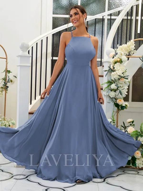 A-line Halter Ruffles Floor-Length Chiffon Bridesmaid Dress  #ZB230095