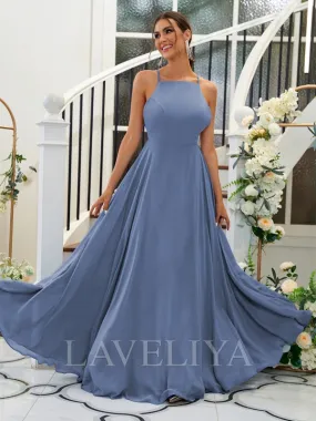 A-line Halter Ruffles Floor-Length Chiffon Bridesmaid Dress  #ZB230095