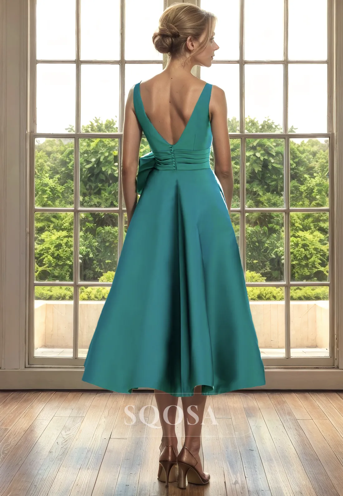 A Line Illusion V Neck Satin Mother of the Bride Dress with Pockets Short Cocktail Dress