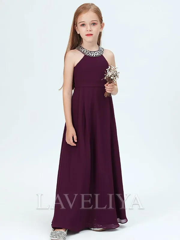 A-line Jewel Beading Floor-Length Chiffon Junior Bridesmaid Dress  #HQF0089