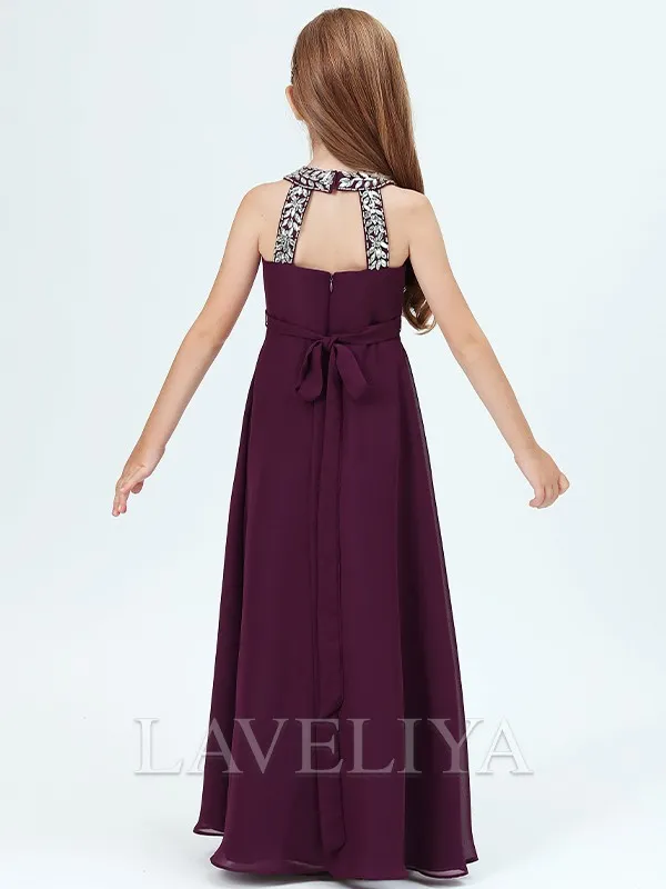 A-line Jewel Beading Floor-Length Chiffon Junior Bridesmaid Dress  #HQF0089