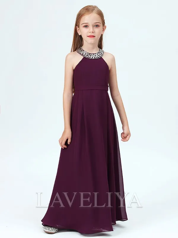 A-line Jewel Beading Floor-Length Chiffon Junior Bridesmaid Dress  #HQF0089