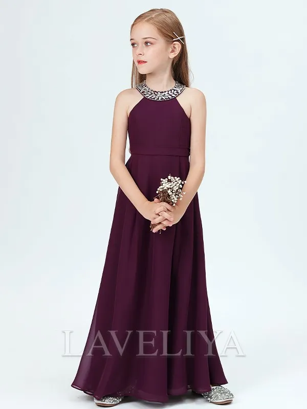 A-line Jewel Beading Floor-Length Chiffon Junior Bridesmaid Dress  #HQF0089