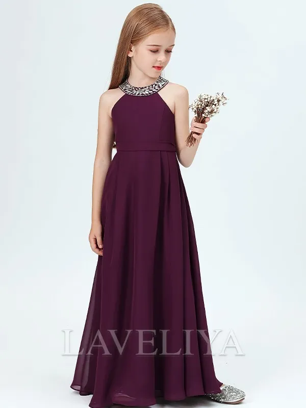 A-line Jewel Beading Floor-Length Chiffon Junior Bridesmaid Dress  #HQF0089