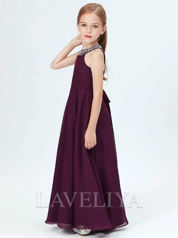 A-line Jewel Beading Floor-Length Chiffon Junior Bridesmaid Dress  #HQF0089