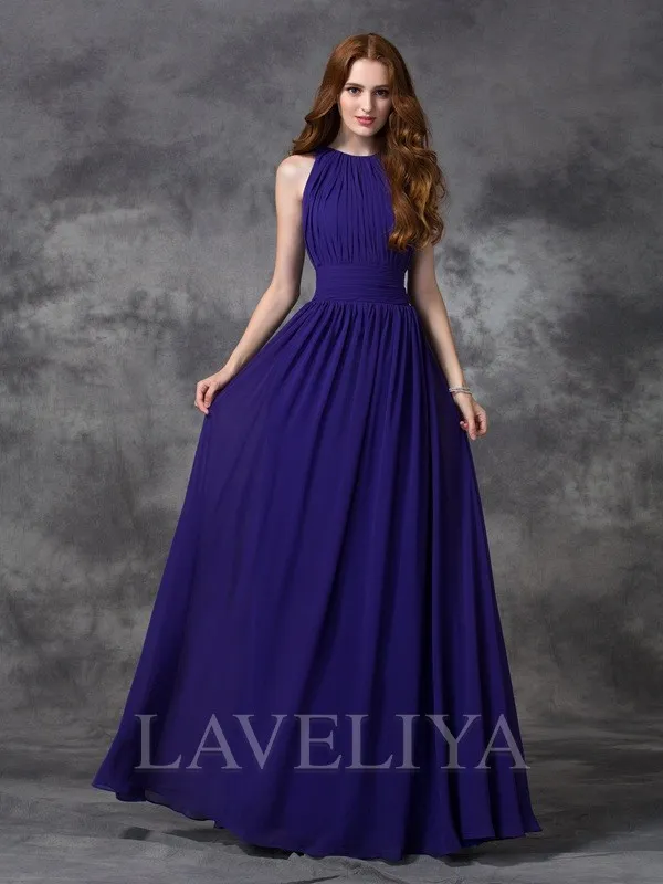 A-line Jewel Pleated Floor-Length Chiffon Bridesmaid Dress  #ZB230189