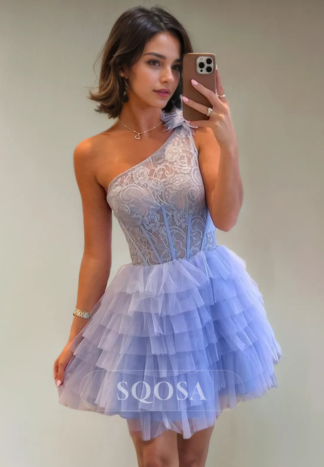 A Line One Shoulder Lace Top Cute Homecoming Dress Short Graduation Dress