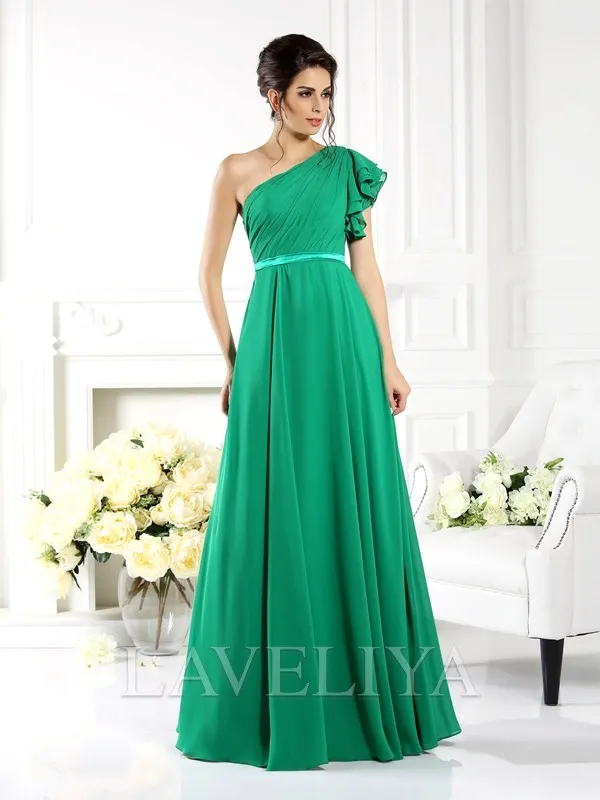 A-line One-Shoulder Ruffles Floor-Length Chiffon Bridesmaid Dress  #ZB230293