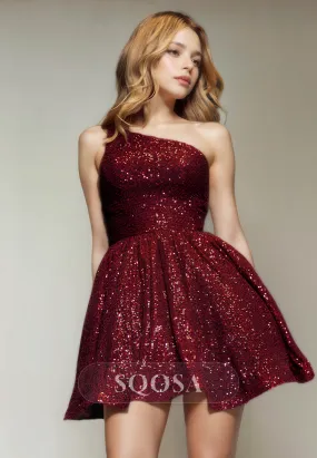 A Line One Shoulder Sequins Burgundy Homecoming Dress Short Prom Party Dress