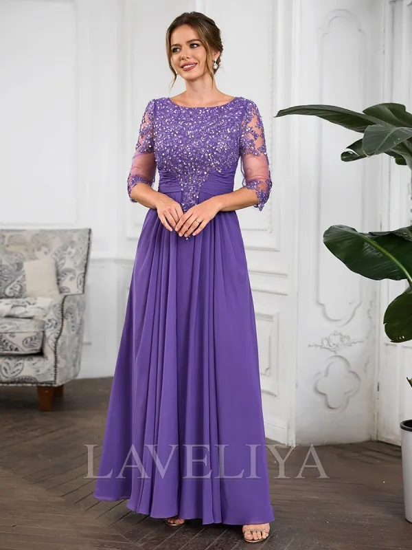 A-line Scoop 1/2 Sleeves Appliques Lace Floor-Length Chiffon Mother of the Bride Dress  #XM240030