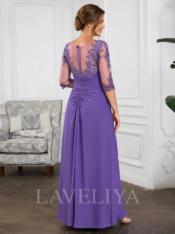 A-line Scoop 1/2 Sleeves Appliques Lace Floor-Length Chiffon Mother of the Bride Dress  #XM240030