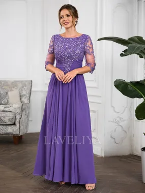 A-line Scoop 1/2 Sleeves Appliques Lace Floor-Length Chiffon Mother of the Bride Dress  #XM240030