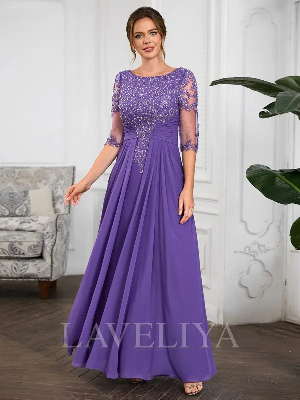 A-line Scoop 1/2 Sleeves Appliques Lace Floor-Length Chiffon Mother of the Bride Dress  #XM240030