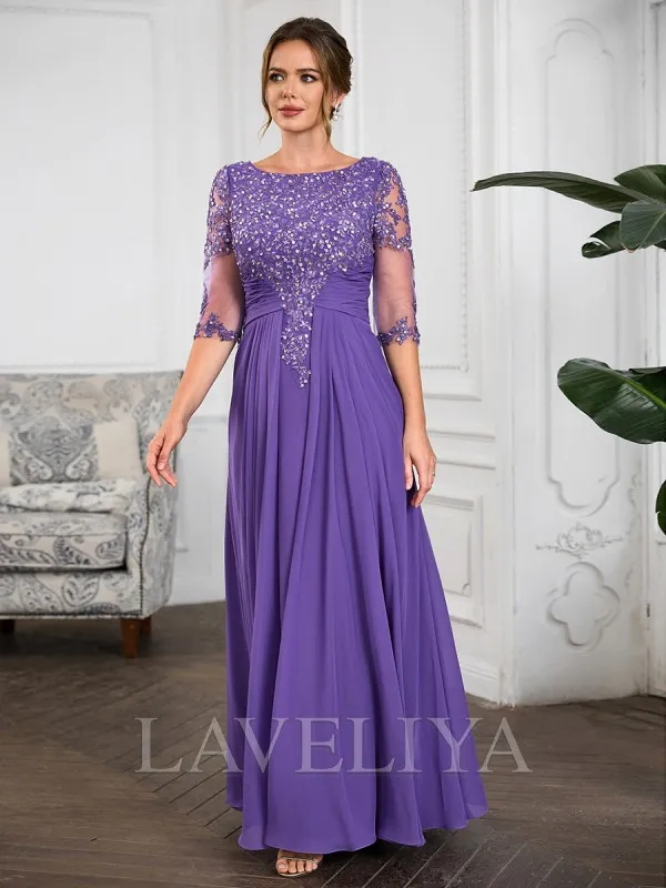 A-line Scoop 1/2 Sleeves Appliques Lace Floor-Length Chiffon Mother of the Bride Dress  #XM240030