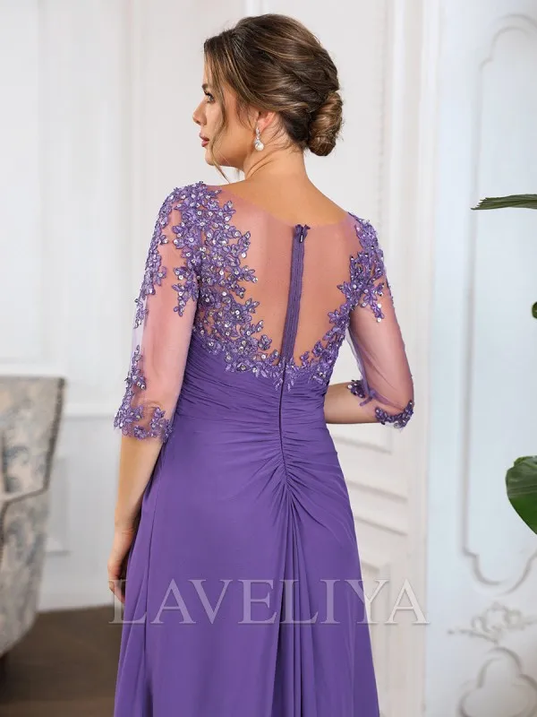 A-line Scoop 1/2 Sleeves Appliques Lace Floor-Length Chiffon Mother of the Bride Dress  #XM240030