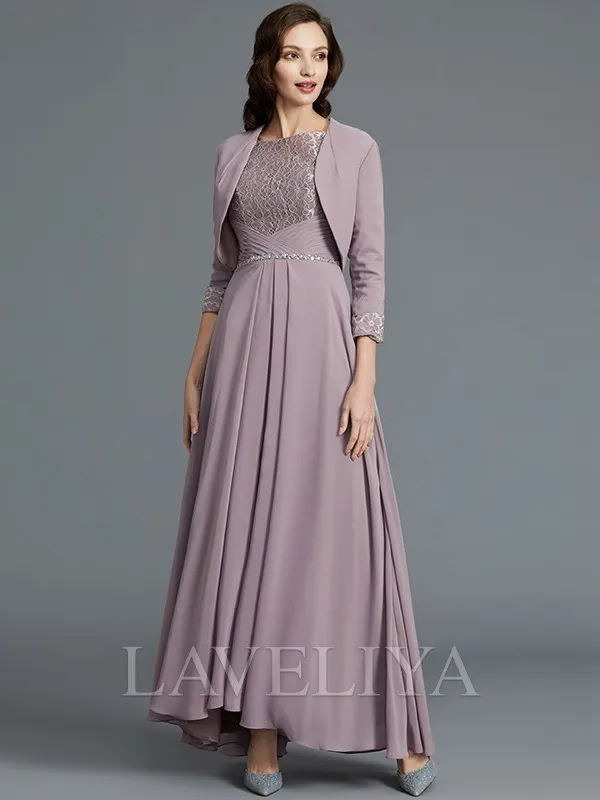 A-line Scoop 1/2 Sleeves Ruffles Asymmetrical Chiffon Mother of the Bride Dress  #XM230091