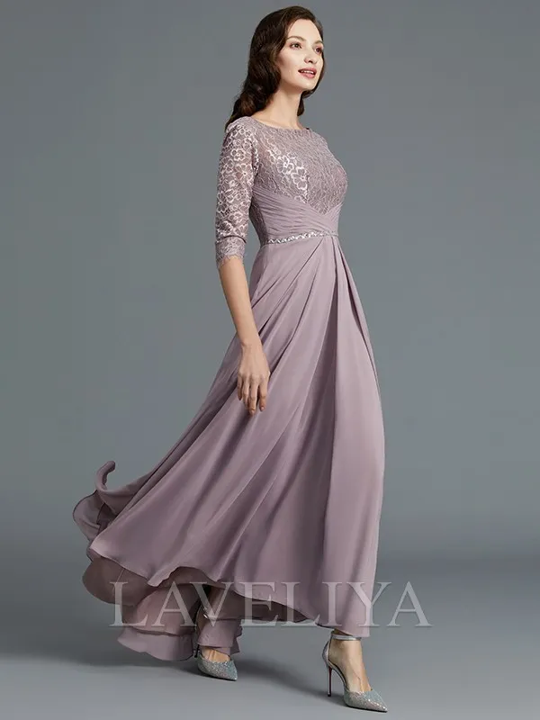 A-line Scoop 1/2 Sleeves Ruffles Asymmetrical Chiffon Mother of the Bride Dress  #XM230091