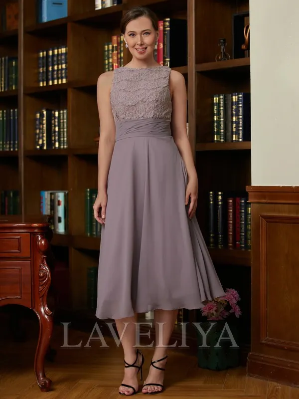 A-line Scoop Appliques Lace Tea-Length Chiffon Mother of the Bride Dress  #XM230237