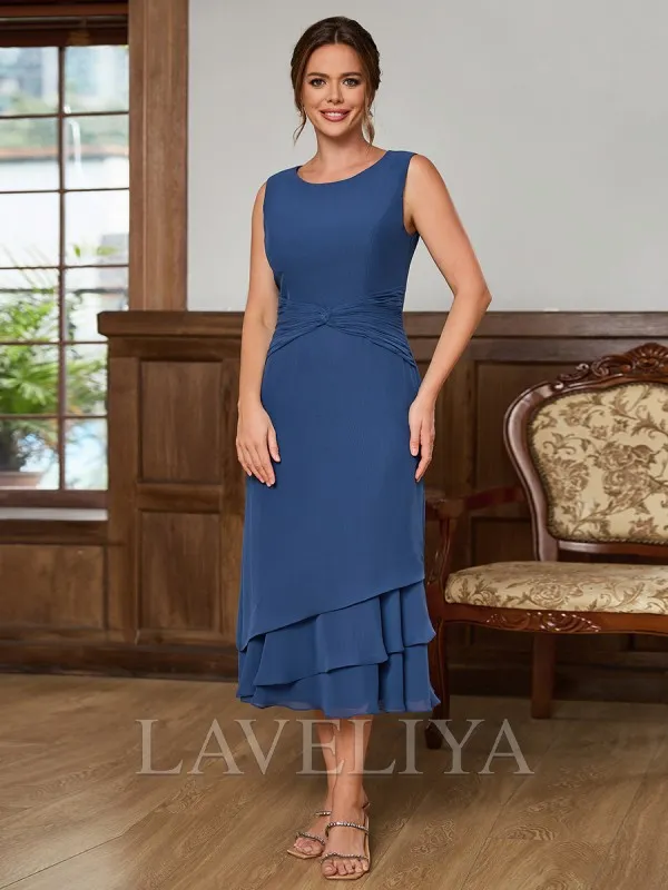 A-line Scoop Pleated Tea-Length Chiffon Mother of the Bride Dress  #XM240042