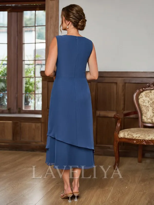 A-line Scoop Pleated Tea-Length Chiffon Mother of the Bride Dress  #XM240042