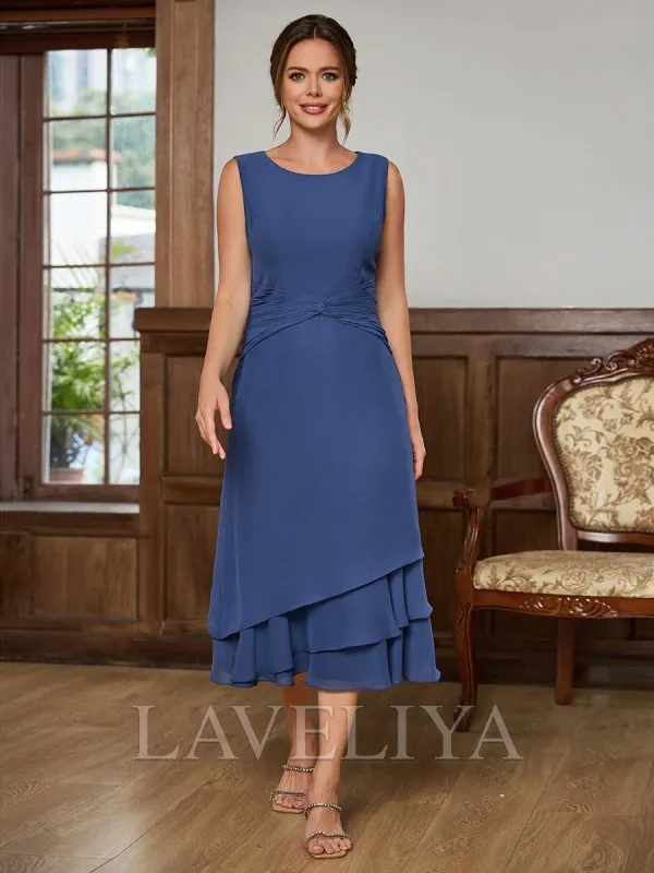 A-line Scoop Pleated Tea-Length Chiffon Mother of the Bride Dress  #XM240042