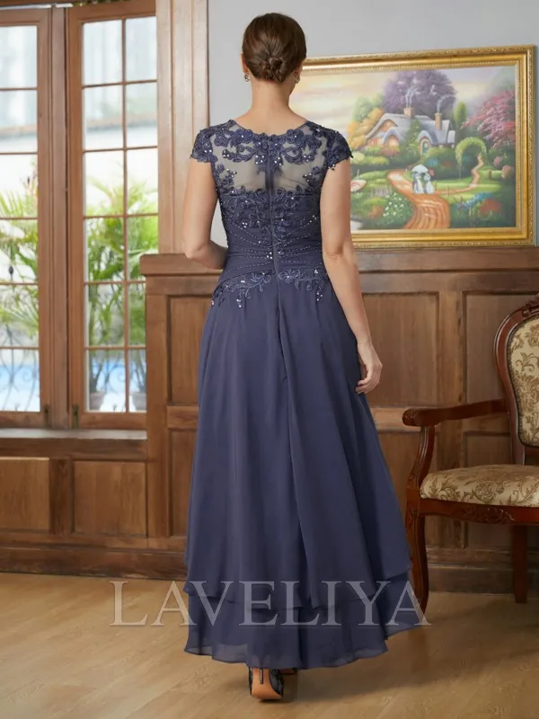 A-line Scoop Short Sleeves Applique Asymmetrical Chiffon Mother of the Bride Dress  #XM230121