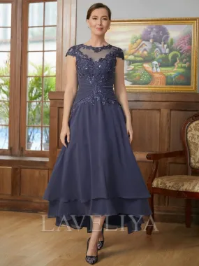 A-line Scoop Short Sleeves Applique Asymmetrical Chiffon Mother of the Bride Dress  #XM230121