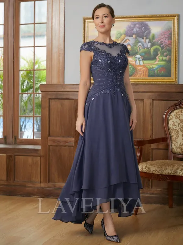 A-line Scoop Short Sleeves Applique Asymmetrical Chiffon Mother of the Bride Dress  #XM230121