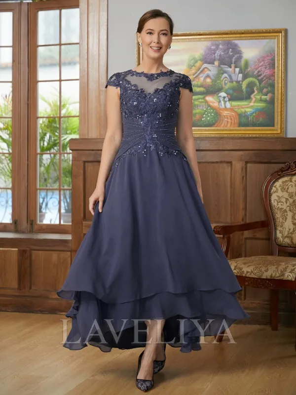 A-line Scoop Short Sleeves Applique Asymmetrical Chiffon Mother of the Bride Dress  #XM230121