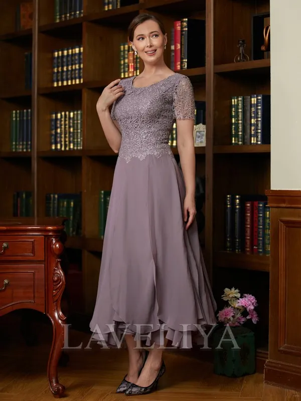 A-line Scoop Short Sleeves Ruffles Ankle-Length Chiffon Mother of the Bride Dress  #XM230126