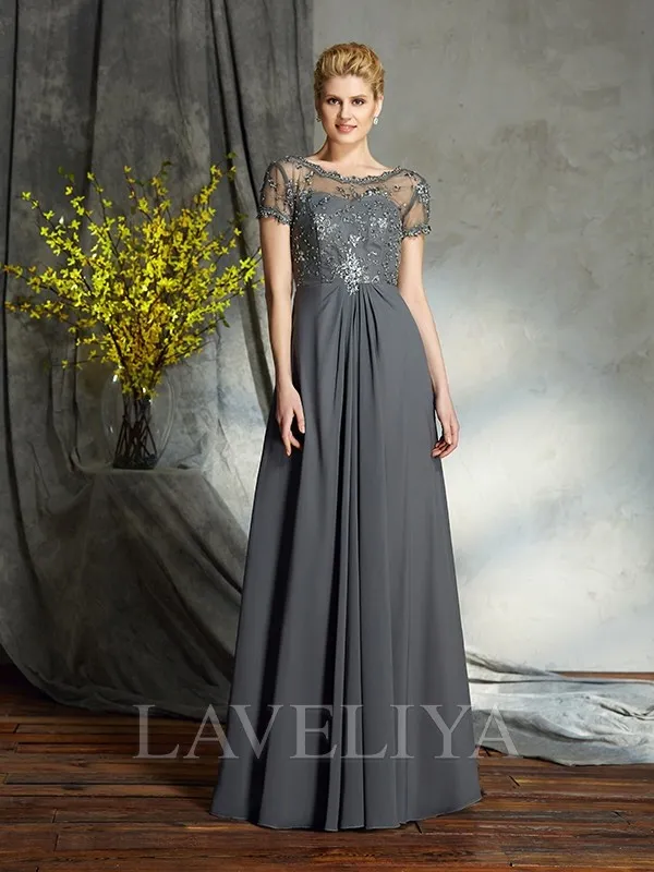 A-line Scoop Short Sleeves Ruffles Floor-Length Chiffon Mother of the Bride Dress  #XM230122