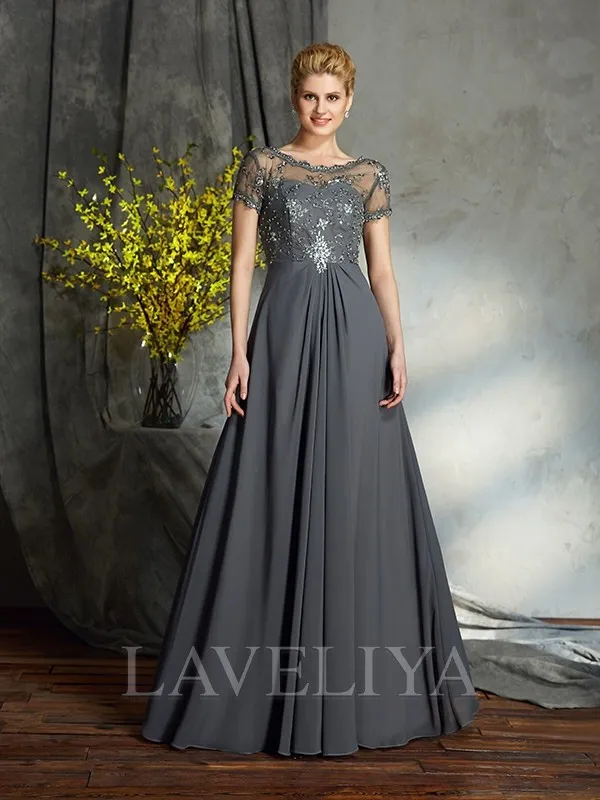 A-line Scoop Short Sleeves Ruffles Floor-Length Chiffon Mother of the Bride Dress  #XM230122