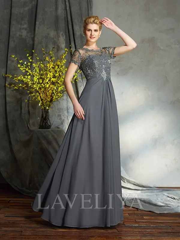 A-line Scoop Short Sleeves Ruffles Floor-Length Chiffon Mother of the Bride Dress  #XM230122